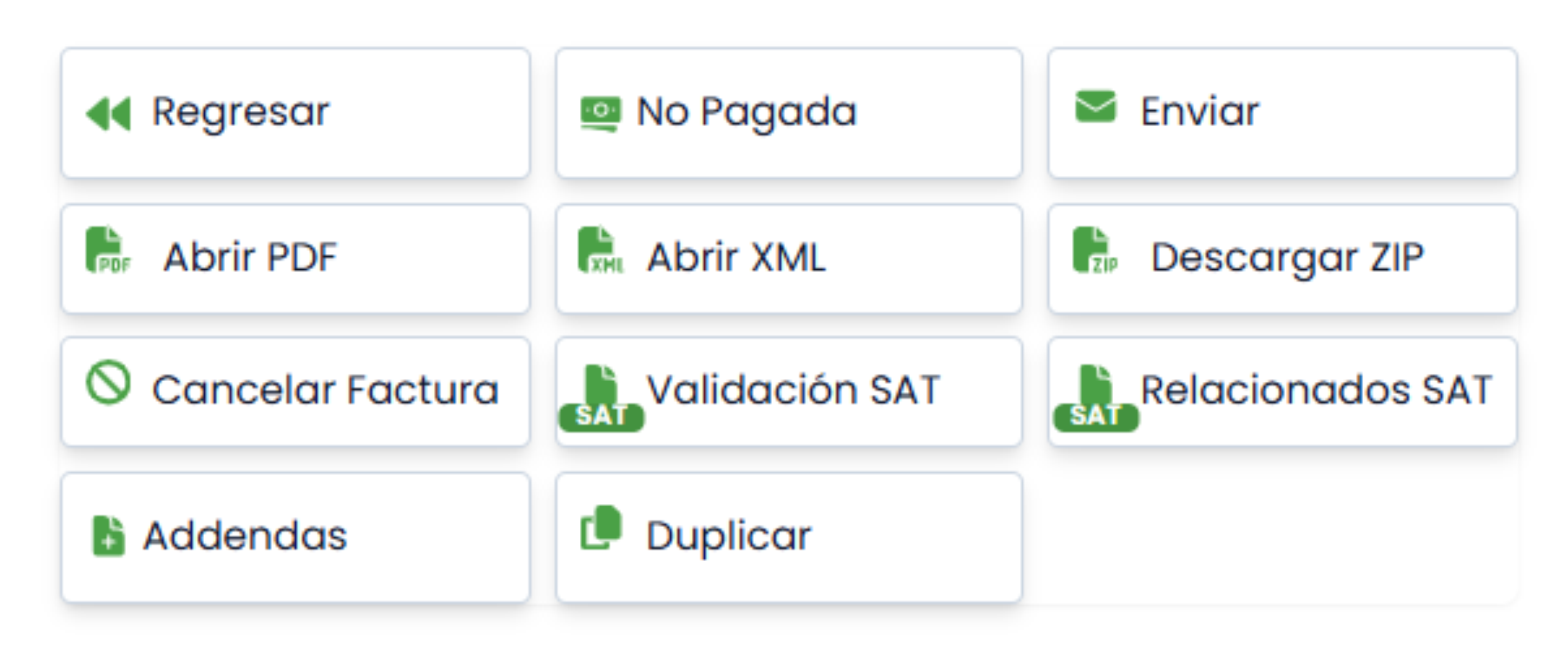 Acciones disponibles en cada factura